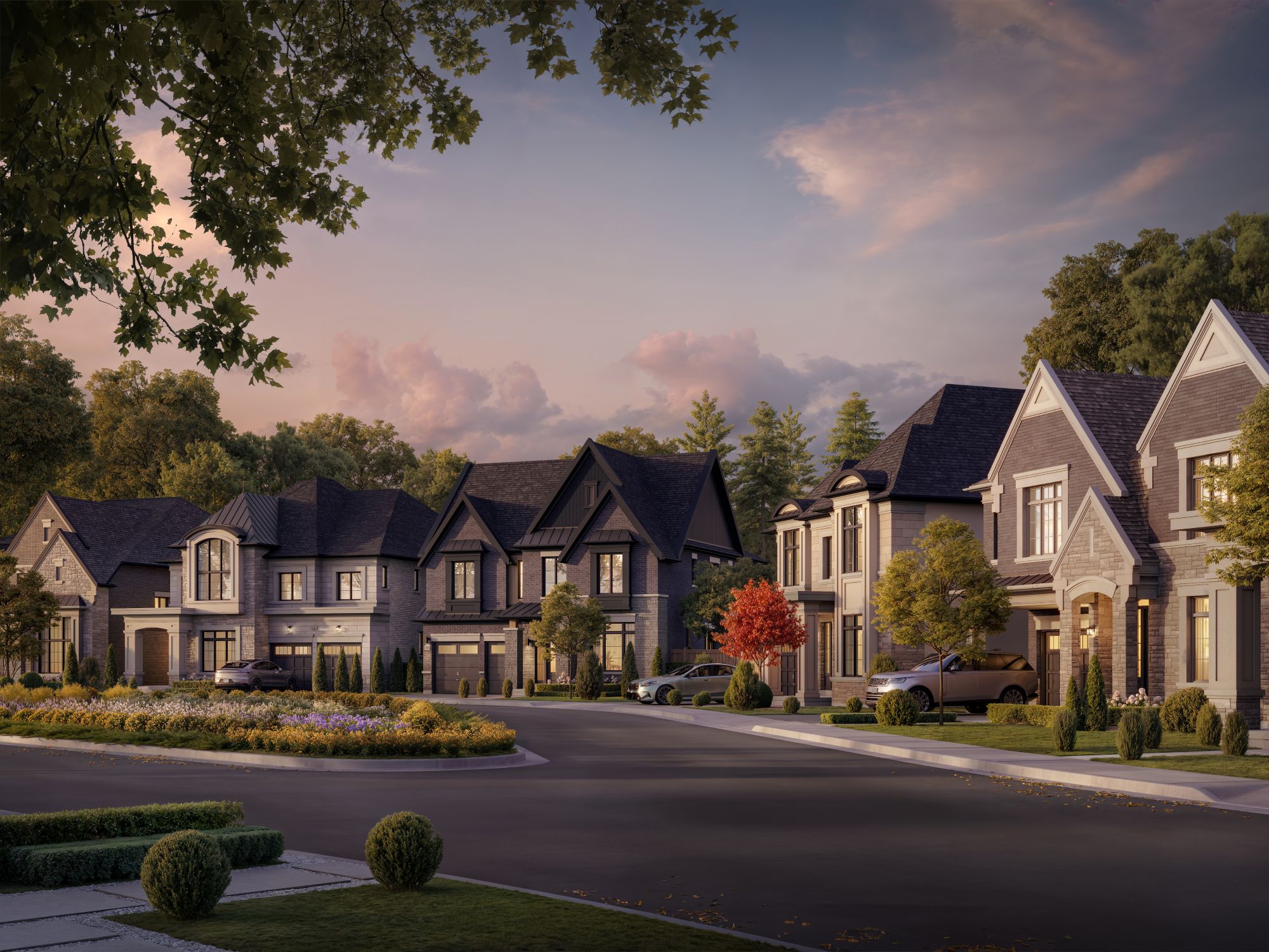 Street-view rendering of The Legacy Homes estate community in Millcroft, Burlington